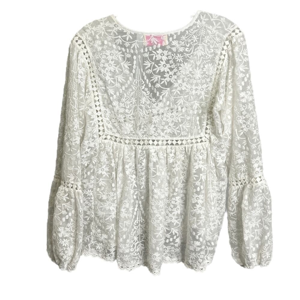 Miss June Blouse Womens 10 White Embroidered Boho Tassel Lantern Sleeve Top - Picture 3 of 8